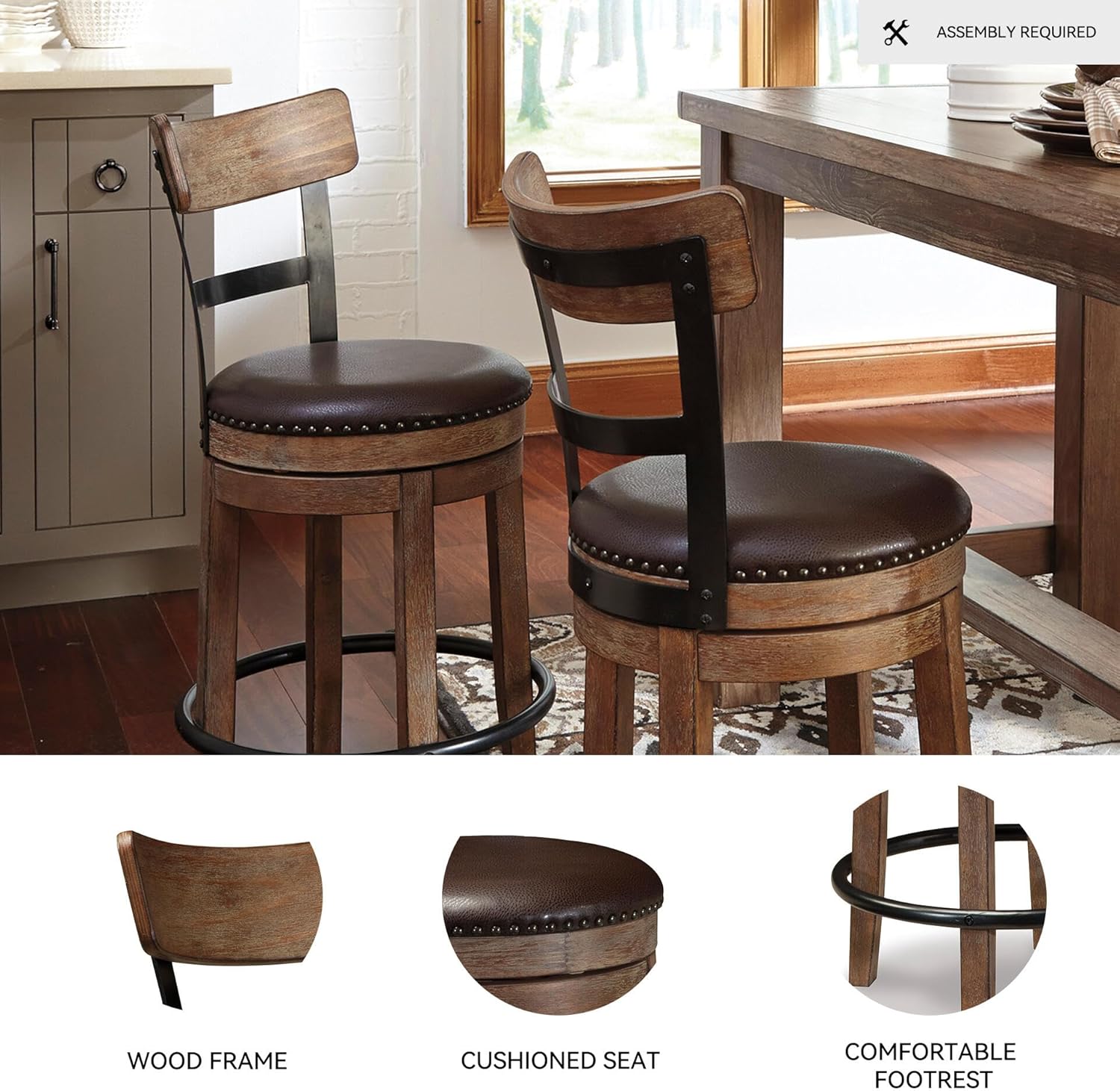 Signature Design by Ashley Pinnadel Bar Stool, Swivel Counter Height Stool Chair With Faux Leather Seat, Wood and Metal Frame for Kitchen Island With Seating, Light Brown