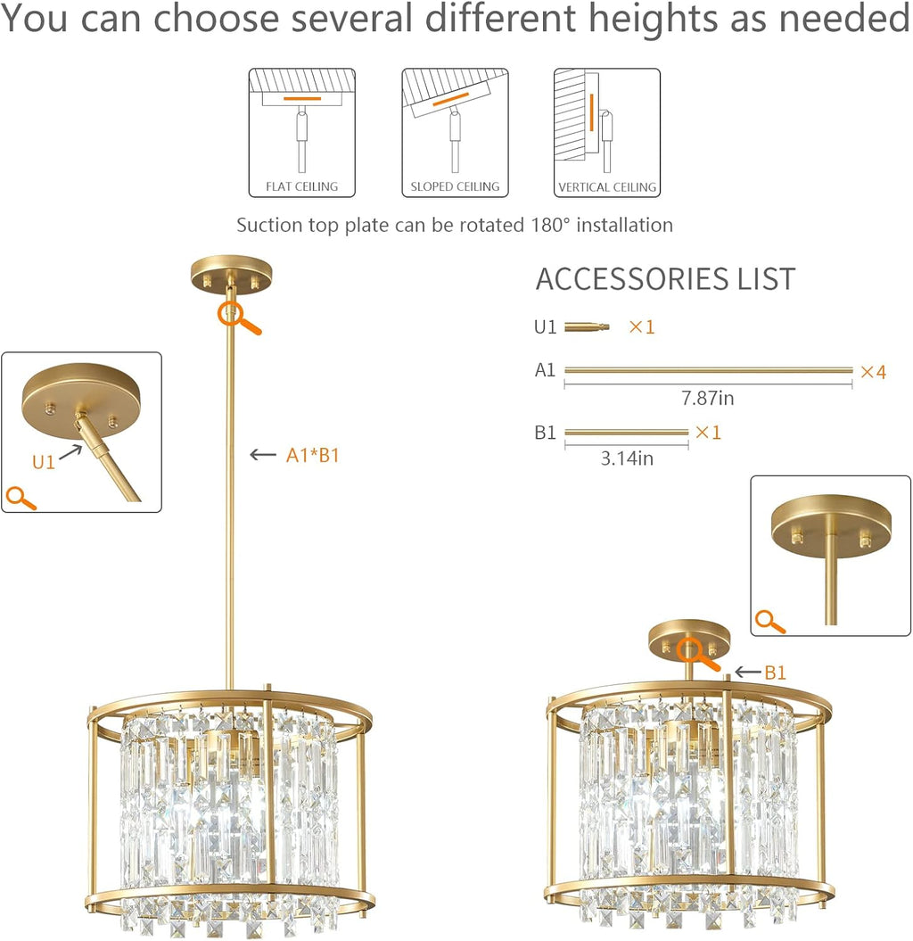 LMQNINE Modern Foyer Chandelier, Gold Crystal Chandelier Entryway Pendant Light Fixture, Round Adjustable Height Chandeliers for Kitchen Island, L15.74'' x H10.43''