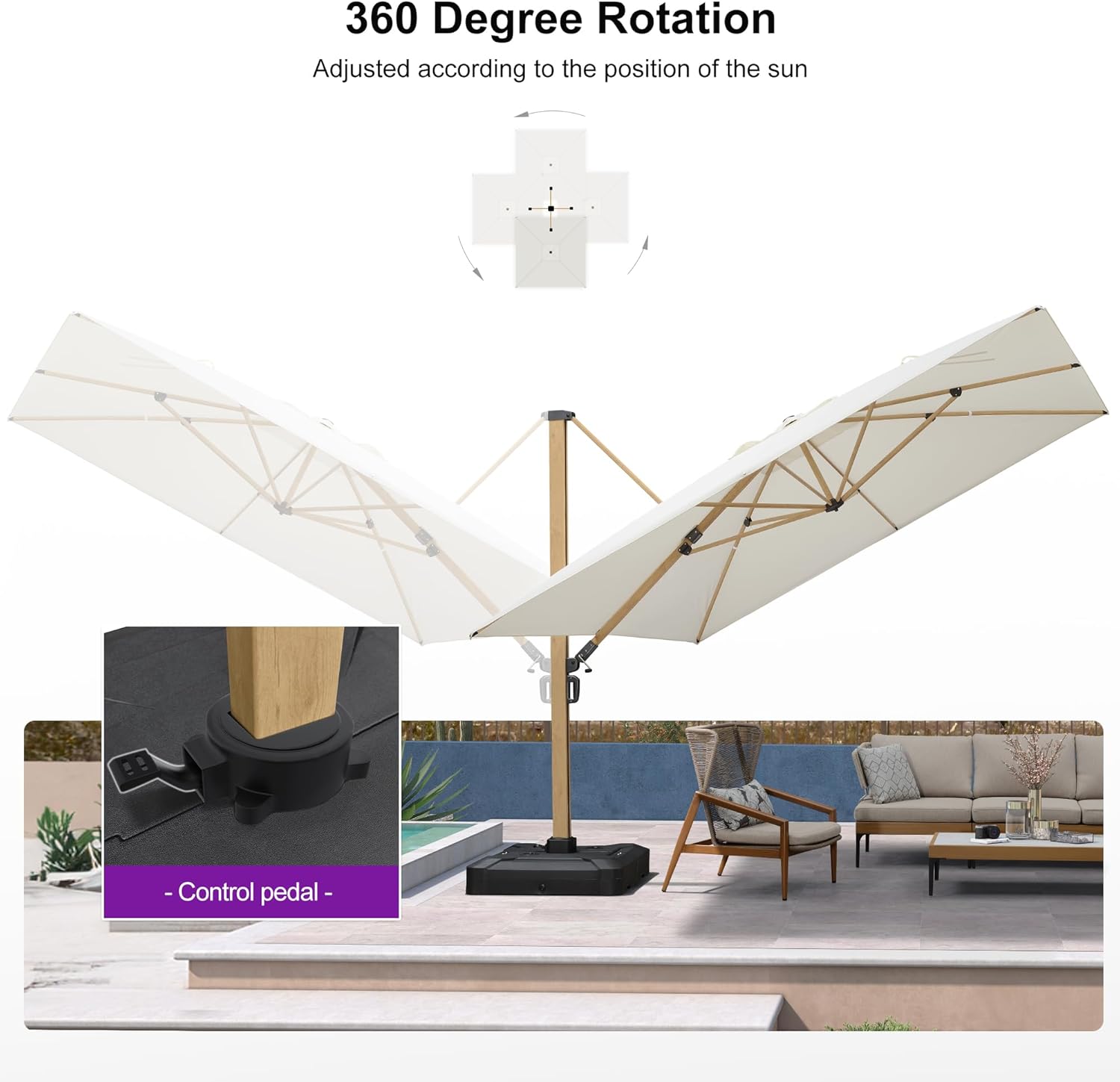 PURPLE LEAF 11FT Patio Umbrella Square Cantilever Umbrella Teak Finished Aluminum Frame Large Windproof Offset Outdoor Sun Umbrellas for Beach Pool Deck, Cream
