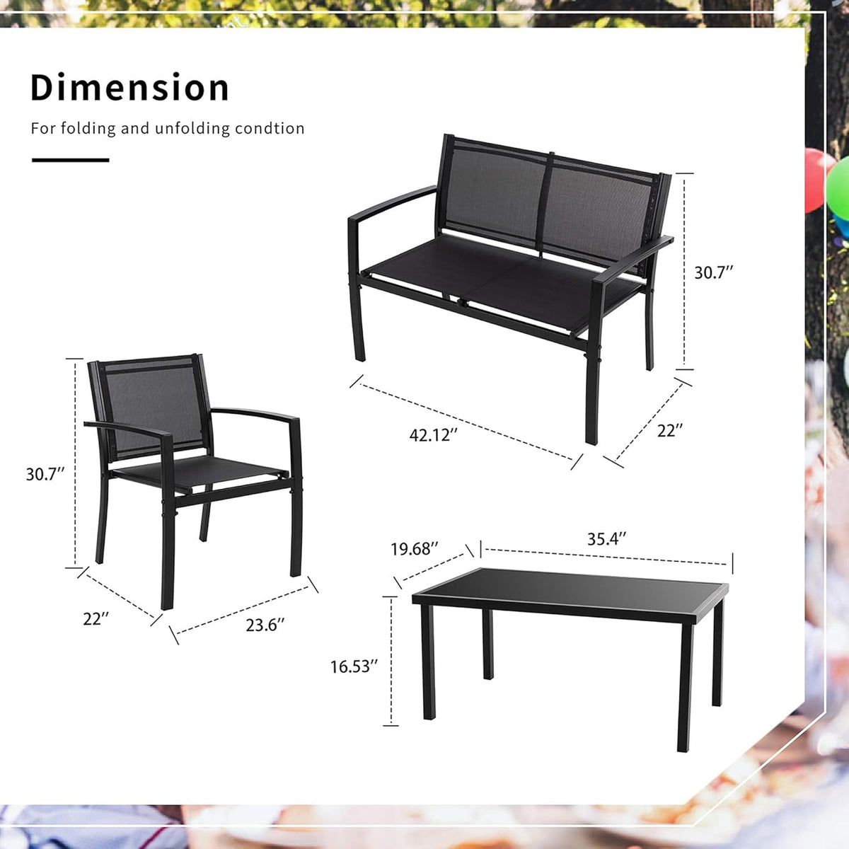 Shintenchi 4 Pieces Patio Furniture Set All Weather Textile Fabric Outdoor Conversation Set, with Glass Coffee Table, Loveseat, 2 Single Chairs for Home, Garden, Lawn, Porch（Black）