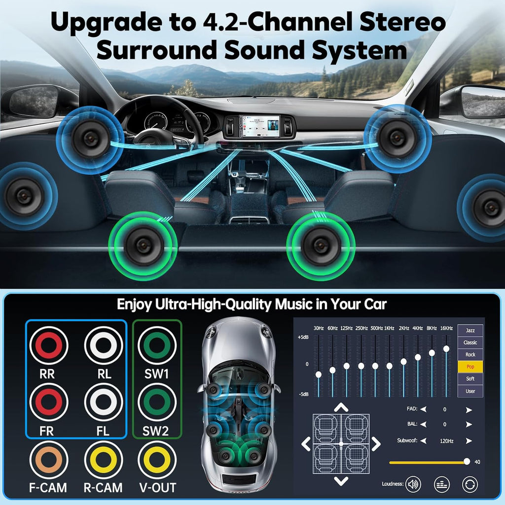 QLED Screen Upgrade 7" Double Din Car Stereo with Wireless Apple CarPlay and Android Auto, 240W Powerful Sound, 4.2-Channel Audio Output, Bluetooth, MirrorLink, Backup Camera, AM/FM Car Radio