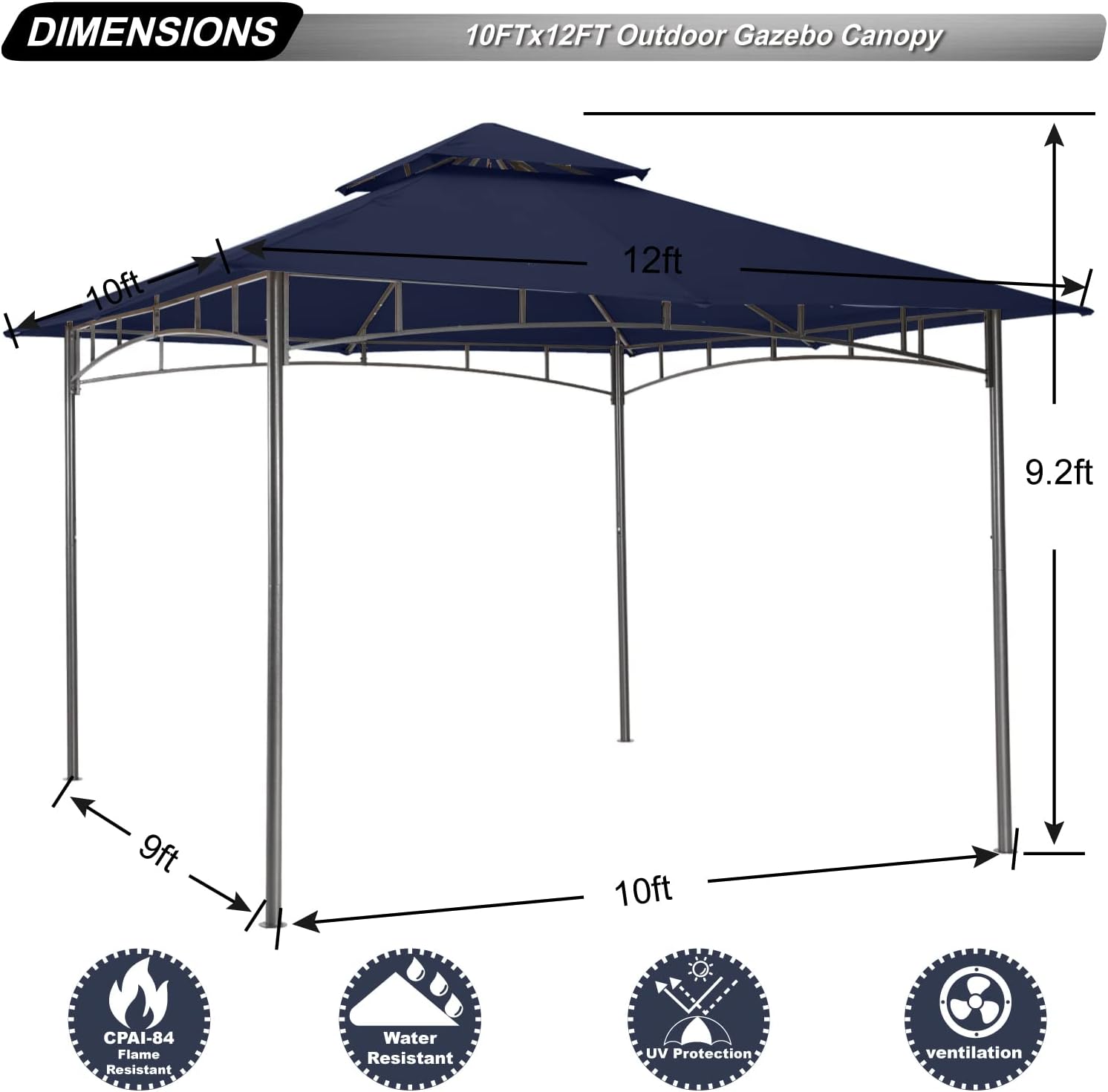 ABCCANOPY Gazebos for Patios 10x12 - Outdoor Steel Frame Gazebo for Lawn Backyard Garden Deck (Navy Blue)