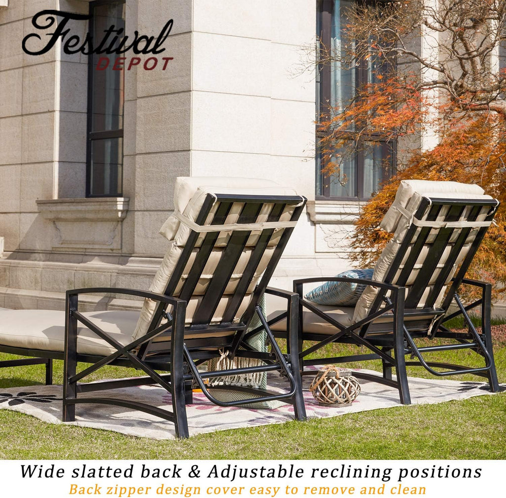 Festival Depot 3 Pieces Patio Outdoor Chaise Lounge Chairs with Cushions Set with Coffee Table Premium Fabric Metal Frame Furniture Garden Bistro Soft Backrest (Khaki)