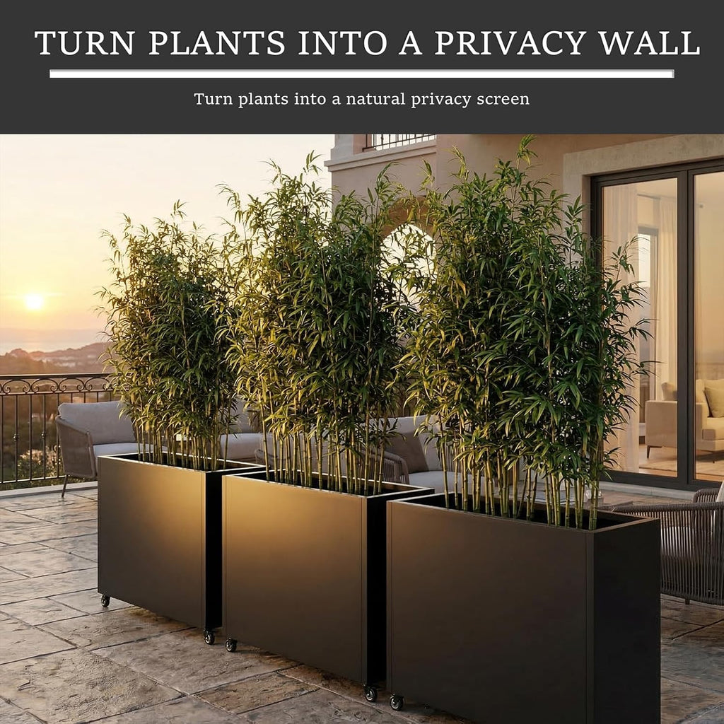 Metal Planter Box with Wheels, 36" Large Rolling Outdoor Planter with Drainage & Removable Shelf, Rectangular Planter Raised Garden Bed for Patio, Balcony, Porch & Backyard, Black