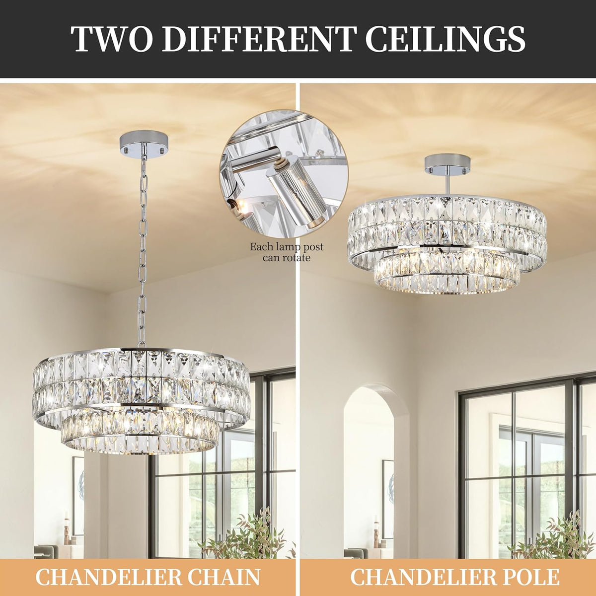 20 Inch Contemporary Luxury Crystal Chandelier, 6-Light Chrome Semi-Flush Mount Ceiling Fixture, Round Crystal Pendant Design Perfect for Living Room, Dining Room, Kitchen, Foyer & Bedroom