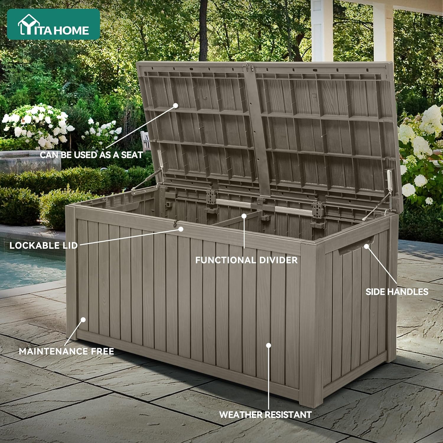 YITAHOME 220 Gallon Large Outdoor Storage XL Deck Box w/Divider for Patio Furniture,Outdoor Cushions, Garden Tools, Sports Equipment and Pool Supplies, Waterproof, Resin, Lockable, Taupe