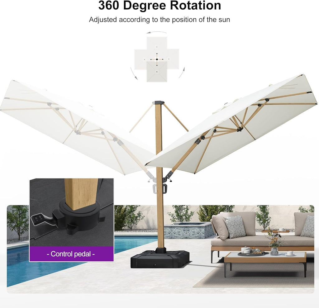 PURPLE LEAF 12FT Patio Umbrella Square Cantilever Umbrella Teak Finished Aluminum Frame Large Windproof Offset Outdoor Sun Umbrellas for Beach Pool Deck, Cream