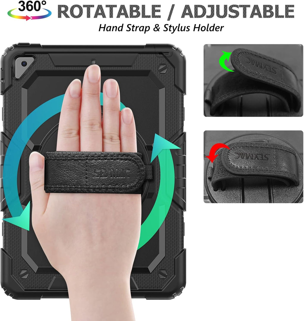 SEYMAC stock Case for iPad 9th/ 8th/ 7th Generation 10.2'', Shockproof with Screen Protector, Pencil Holder 360° Rotating Hand Strap & Stand, for iPad 10.2 inch 2021-2019 (Black)