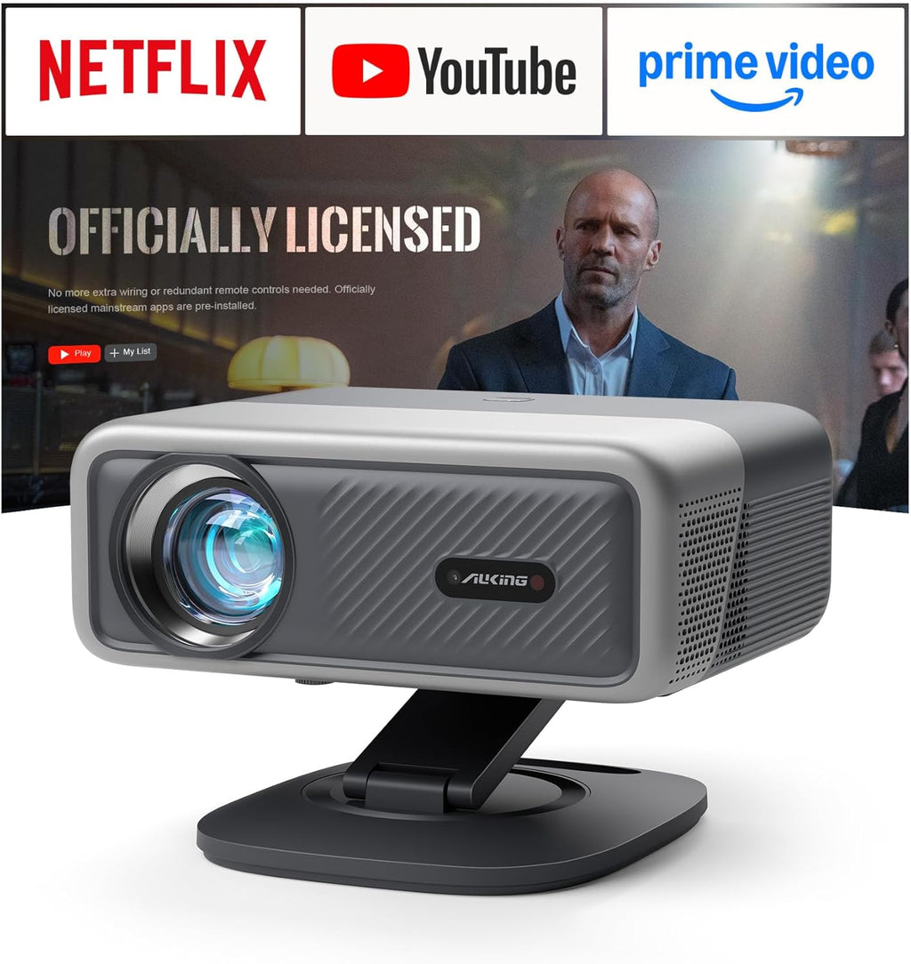 Officially-Licensed APP & 2500ANSI 4K Projector with WiFi and Bluetooth,3D Dolby Audio and Auto Focus Smart Projector,Outdoor Movie Home Theater Proyector with Omni-Adjustable Stand (grey)