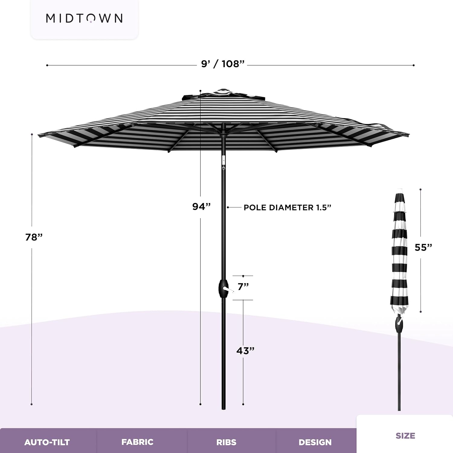 Midtown Umbrellas - The Lean 9 Ft Patio Umbrella with Fade-Resistant Sunbrella Fabric, Auto-Tilt Aluminum Frame and 8 Reinforced Ribs for Deck, Pool & Garden - Black & White Canopy, Black Pole