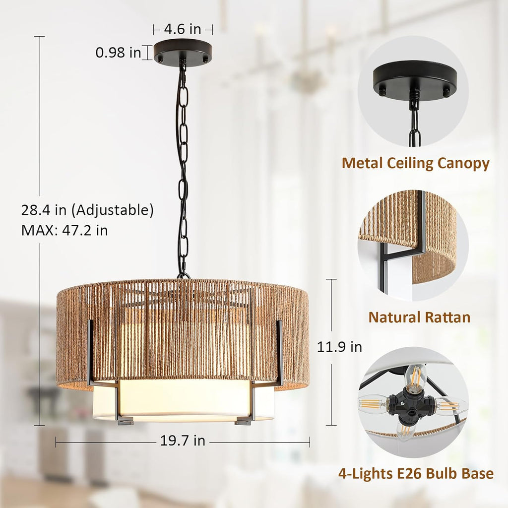 4-Light Rattan Chandelier, 19.7" Boho Pendant Light with Fabric Shade, Farmhouse Rattan Hanging Ceiling Light Fixture for Dining Room, Living Room, Kitchen Island, Bedroom, Hallway, Foyer