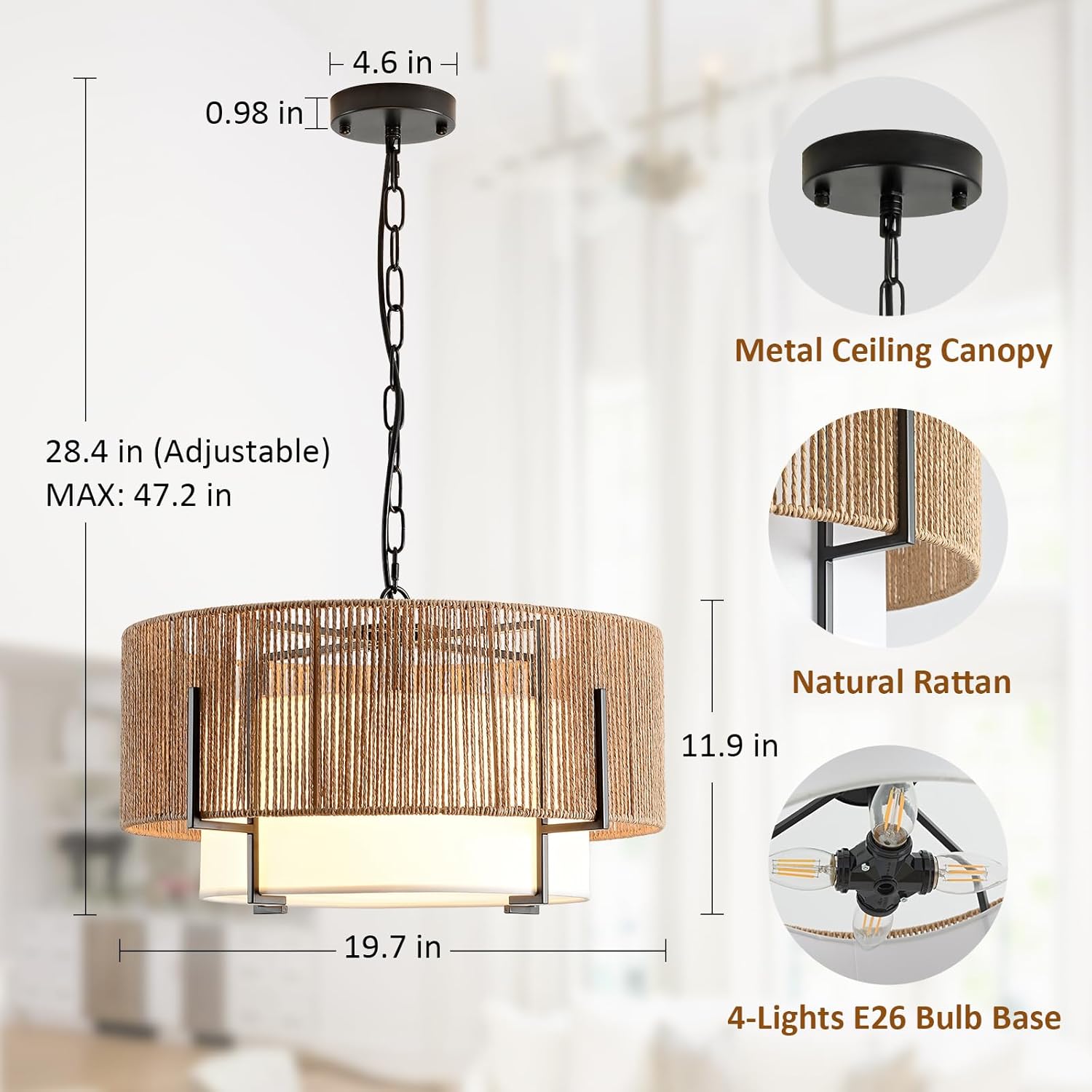 4-Light Rattan Chandelier, 19.7" Boho Pendant Light with Fabric Shade, Farmhouse Rattan Hanging Ceiling Light Fixture for Dining Room, Living Room, Kitchen Island, Bedroom, Hallway, Foyer
