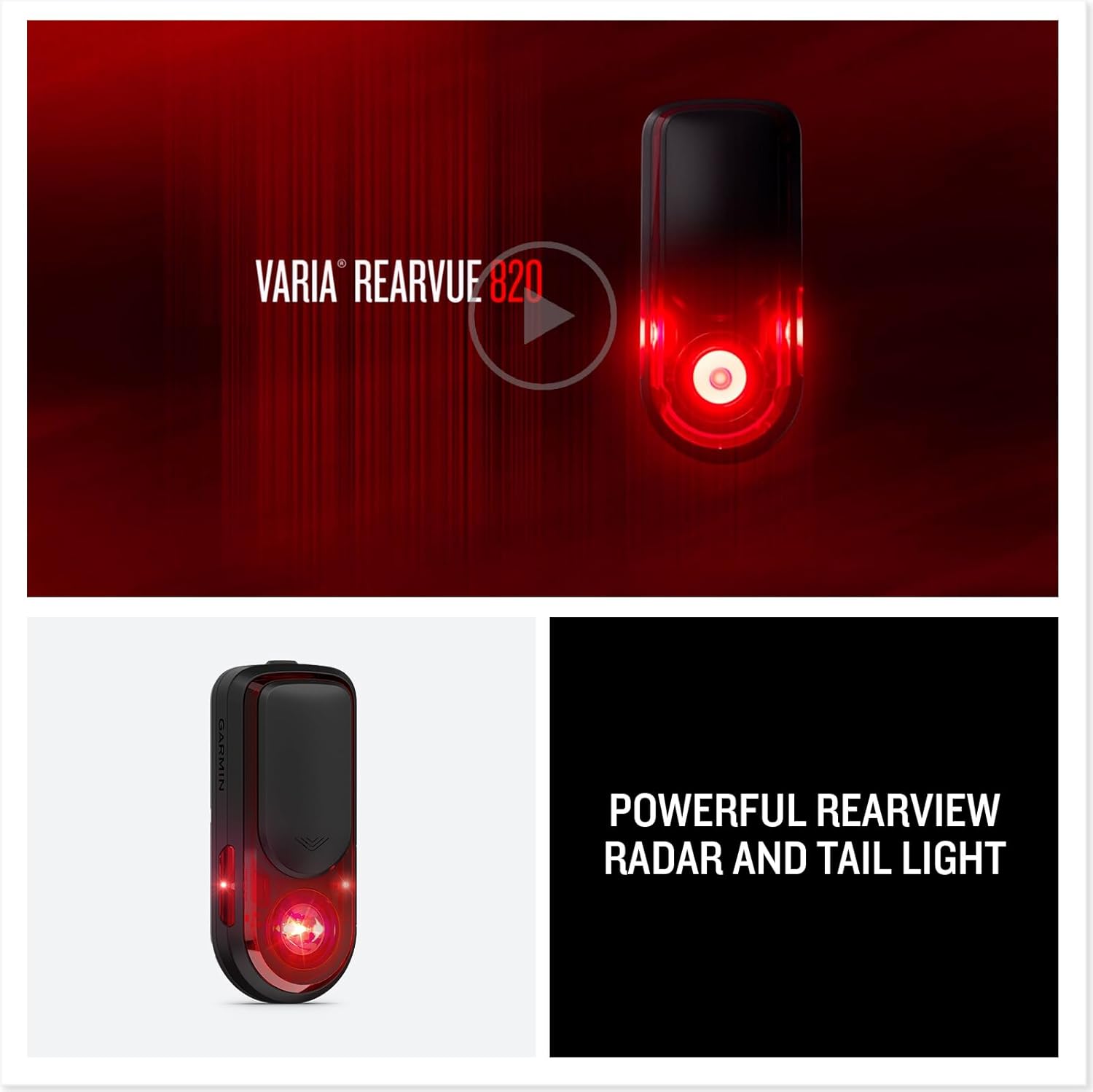 Garmin Varia™ RearVue 820, Advanced Rearview Radar & Tail Light, Enhanced Visibility & Awareness for Cyclists, Advanced Vehicle Tracking & Brake Light, Up to 24 Hrs of Battery Life in Day Flash Mode