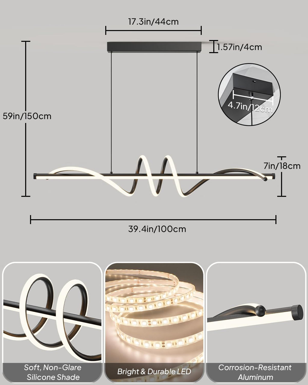39.4in Linear Pendant Light, Led Chandelier Dimmable with Remote Control, 3000K-6000K Adjustable Color Temperature Island Light, Dining Room Light Fixture for Kitchen, Living Room