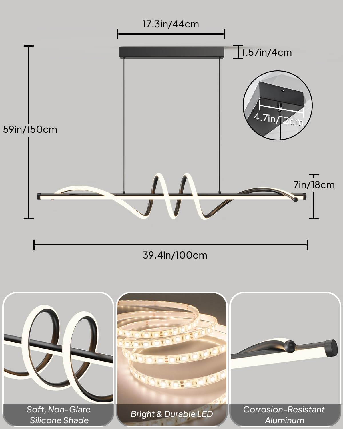 39.4in Linear Pendant Light, Led Chandelier Dimmable with Remote Control, 3000K-6000K Adjustable Color Temperature Island Light, Dining Room Light Fixture for Kitchen, Living Room
