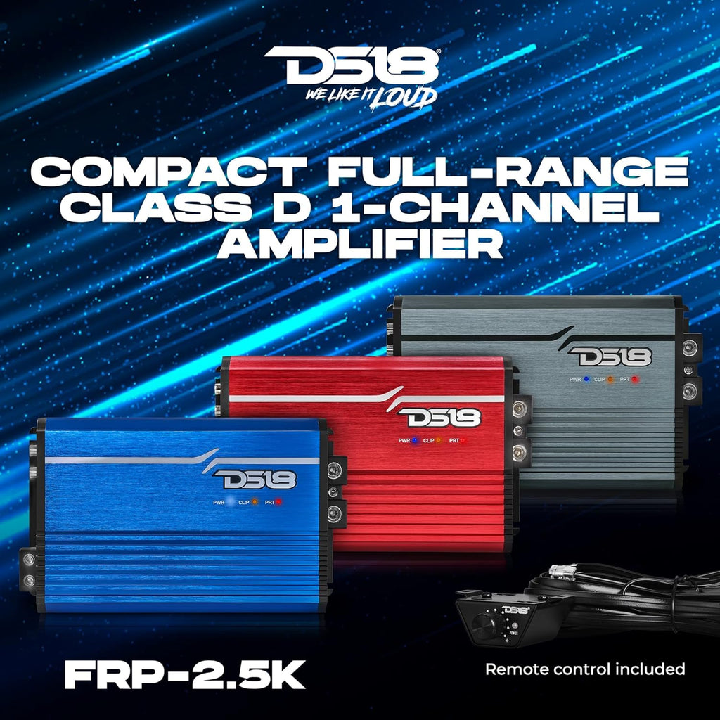 DS18 FRP-2.5K/RD Compact Full-Range Class D 1-Channel Amplifier 2,500 Watts RMS @ 1-ohm, Monoblock Amplifier with Remote Level Knob, Variable Crossover Filters Great for Bass, Mids, or Highs (Renewed)