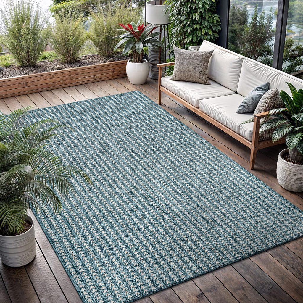 Washable Outdoor Rug 9x12 Modern Area Rugs Outdoor Carpets Striped Pattern Non Shedding Waterproof Easy Clean Patio Deck Porch Living Room Bedroom Garden RV (9 X 12 Aqua)