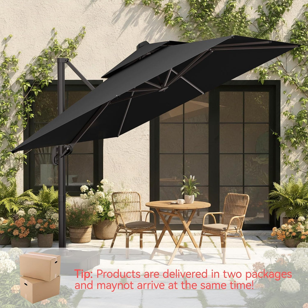10x10 FT Patio Umbrella with Base, Large Cantilever Double Top Heavy Duty Offset Umbrellas with 360° Rotation, Outdoor shade for Garden Deck Pool, Grey