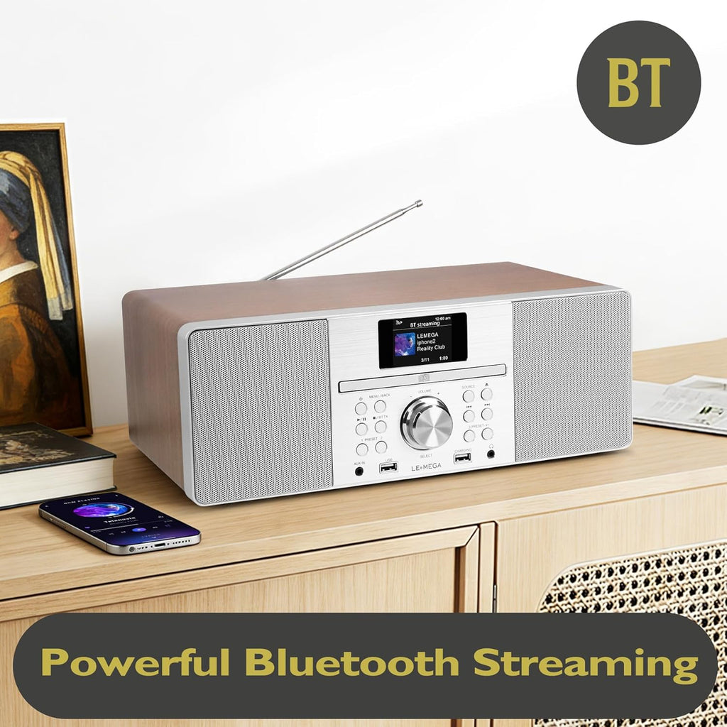 LEMEGA MSY1+ CD Player with FM Radio, Bluetooth Streaming, 80W Stereo HiFi System, Full Colour Display, 30 Presets, Remote Control, Acoustic Wooden Cabinet - Dark Walnut