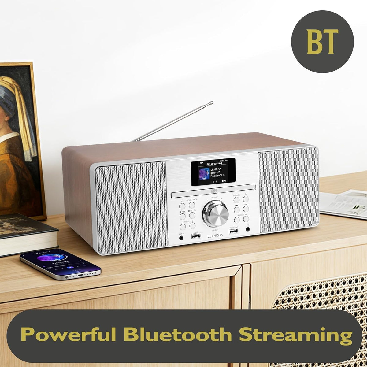 LEMEGA MSY1+ CD Player with FM Radio, Bluetooth Streaming, 80W Stereo HiFi System, Full Colour Display, 30 Presets, Remote Control, Acoustic Wooden Cabinet - Dark Walnut