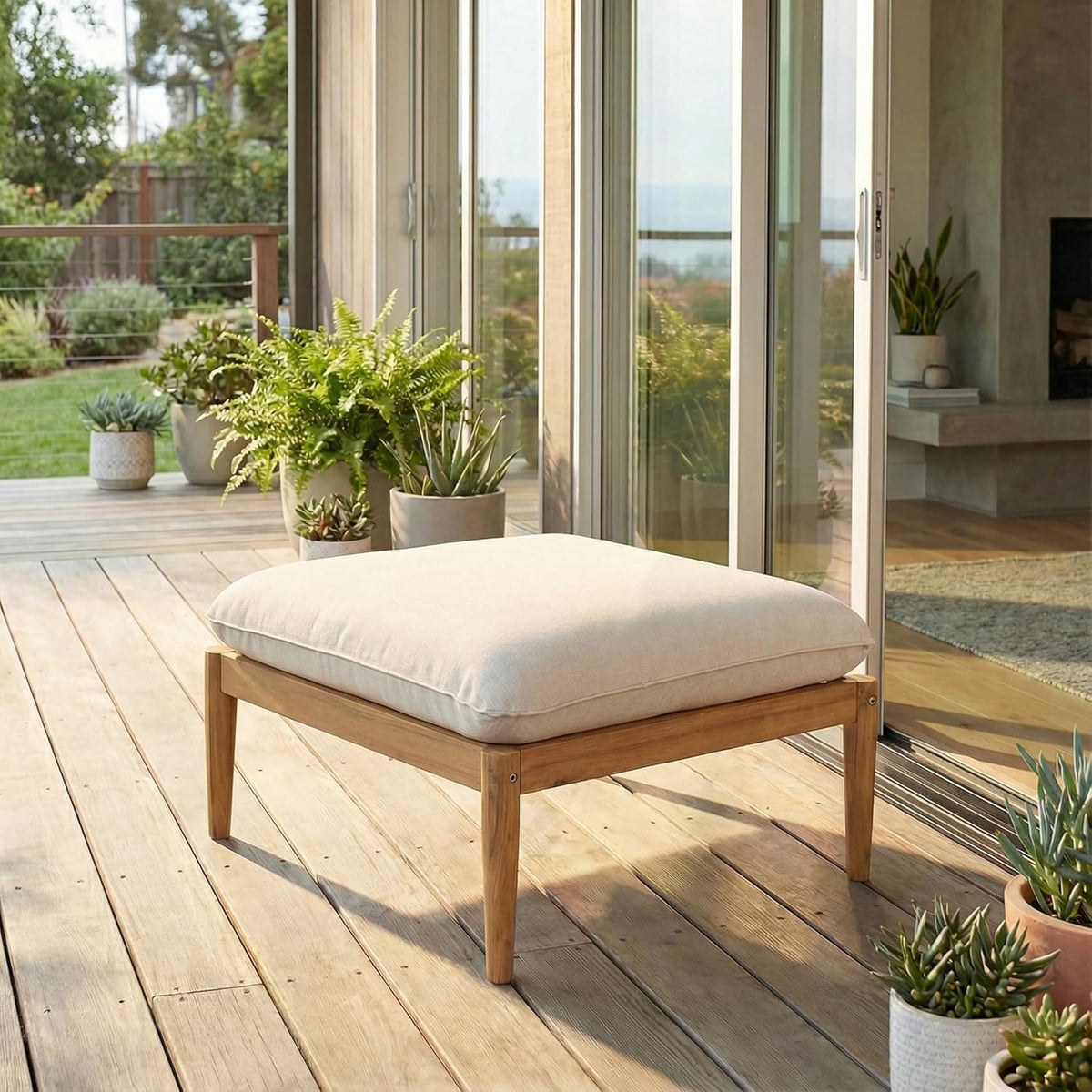 Christopher Knight Home Terassi Indoor/Outdoor Ottoman with Cushion, Acacia Wood Patio Ottoman, Outdoor Foot Stool for Patio Furniture Set, Versatile Stools for Balcony/Garden/Porch, Beige+Light Teak