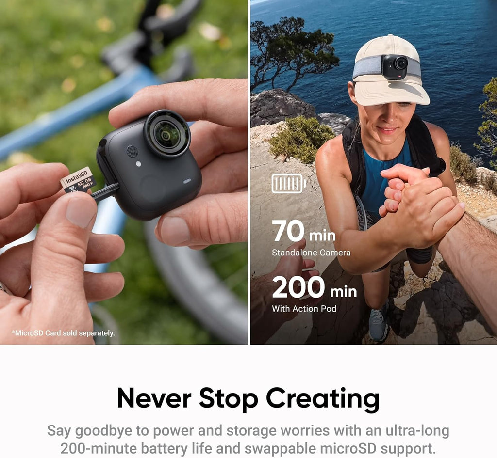 Insta360 GO Ultra Creator Bundle - Small 4K Vlogging Camera, Hands-Free, POV Cam, 1/1.28" Sensor, 53g Lightweight, 156° FOV, 200 Min Battery Life, Magnetic Wearable Action Camera for Sports, YouTube