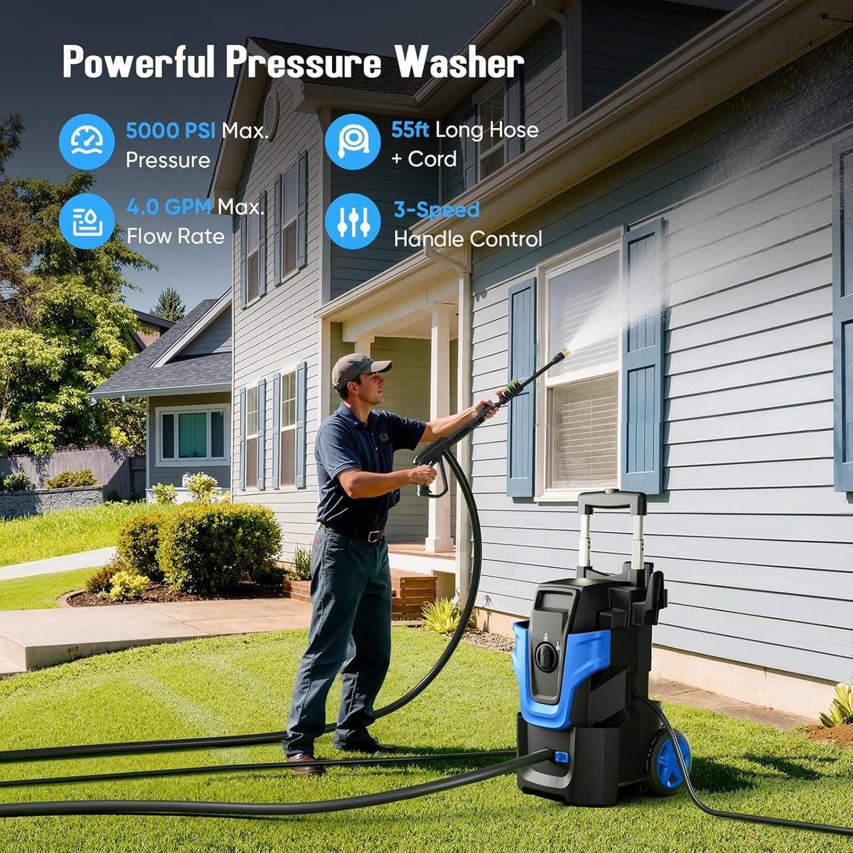 5000PSI Heavy Duty Pressure Washer, 3-Speed Adjustable Power Washer with 2-Stage Pull Rod, 4 Nozzles, Foam Cannon & 500ml Soap Bottle for Car, Home & Outdoor Cleaning,Blue