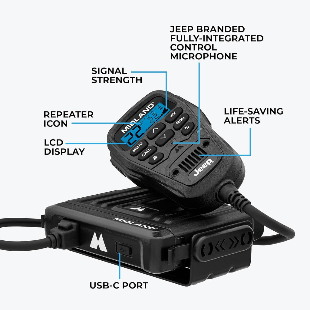 Midland - MXT275 Jeep Branded MicroMobile GMRS Radio - 15 Watts Two-Way Radio with Integrated Control Microphone - Overland Tractors Detachable External Magnetic Mount Antenna - 8 Repeater Channels