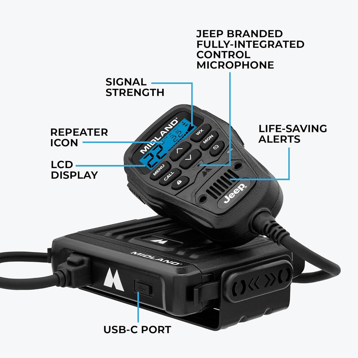 Midland - MXT275 Jeep Branded MicroMobile GMRS Radio - 15 Watts Two-Way Radio with Integrated Control Microphone - Overland Tractors Detachable External Magnetic Mount Antenna - 8 Repeater Channels