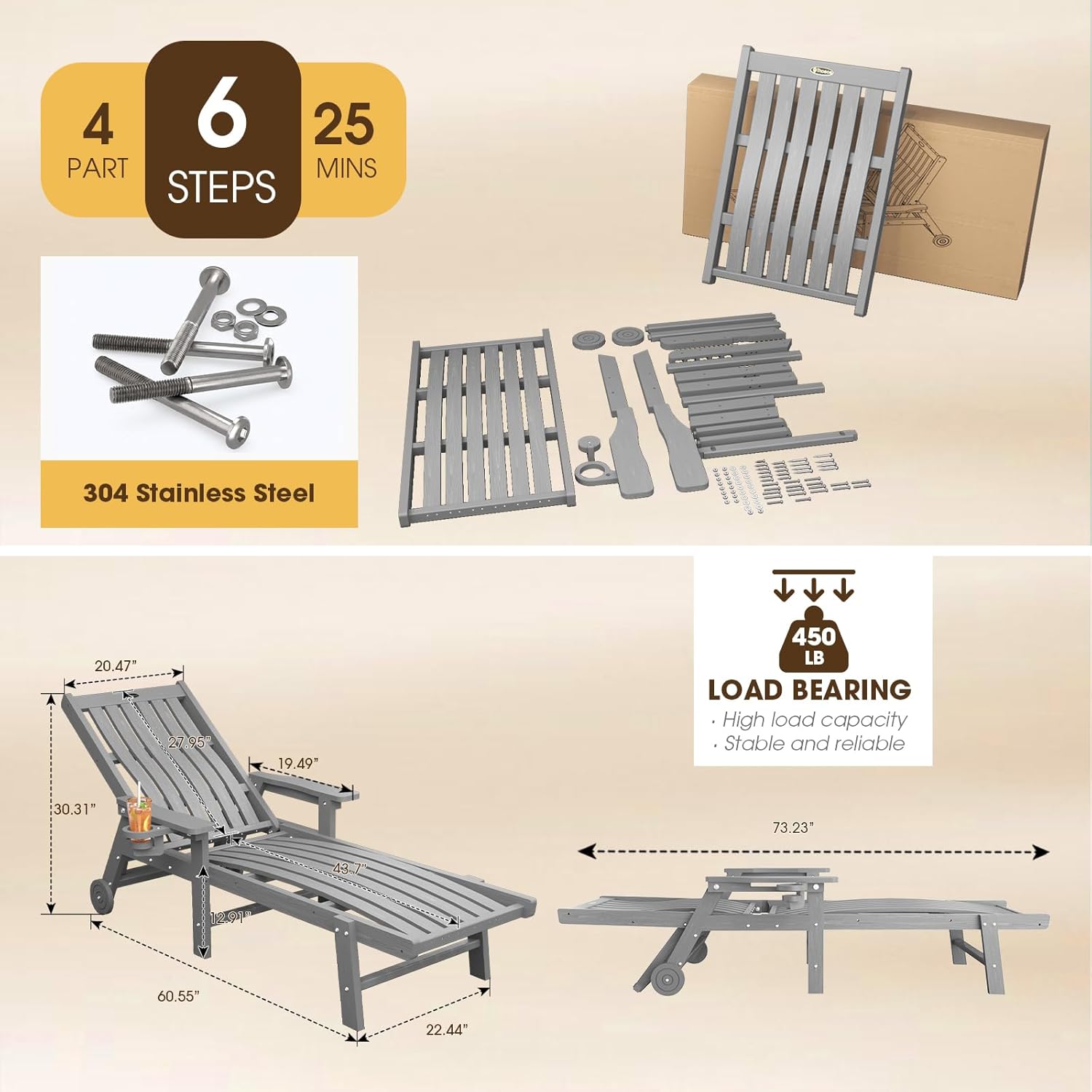 THOEOE Patio Chaise Lounge Chair, Lounge Chair Outdoor with 5 Positions, HDPE, Patio Lounge Chair with Wheels & Cup Holder for Pool, Deck, Poolside,Grey