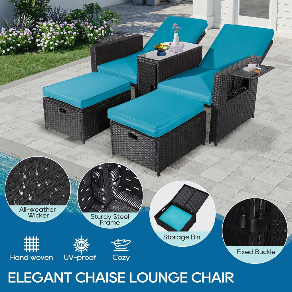 5PCS Outdoor Wicker Chaise Lounge Chair - Rattan Adjustable Reclining Patio Lounge Chair with Ottoman and Coffee Table, for Patio Beach Pool Backyard (Black Wicker Turquoise Cushion)