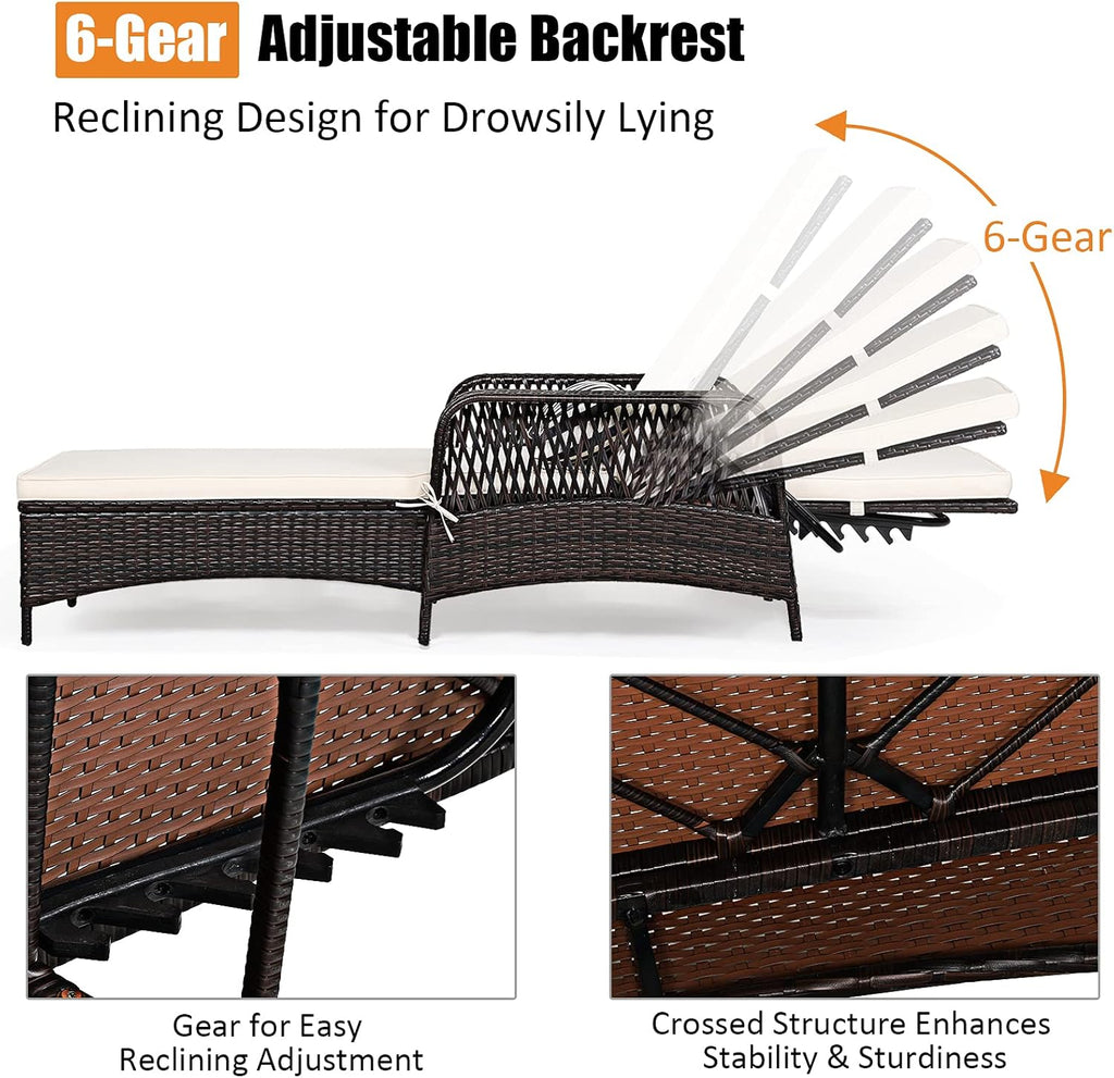 COSTWAY PE Rattan Chaise Lounge Chair, 6 Gear Adjustable Recliner with Armrest & Pillow, Wicker Outdoor Furniture for Deck, Patio (1, Brown)