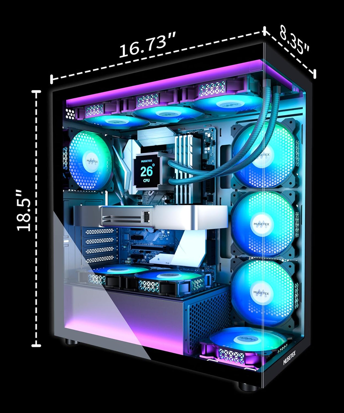 MUSETEX ATX PC Case 7 PWM ARGB Fans Pre-Installed, Type-C Mid Tower Computer Case with Full-View Dual Tempered Glass, Gaming PC Case, Black(K2)