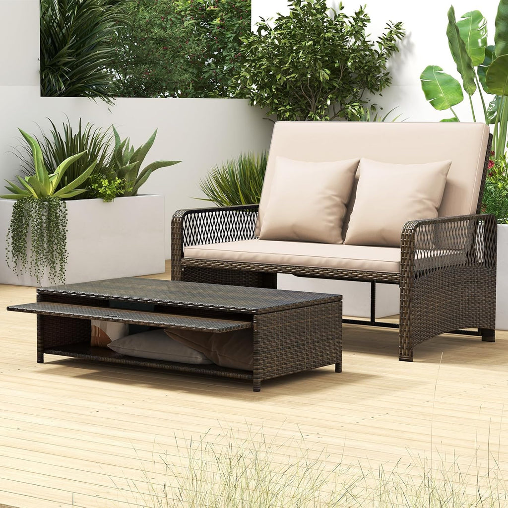 Tangkula Patio Rattan Daybed with 4-Level Adjustable Backrest, 2-Person Outdoor Wicker Loveseat with Storage Ottoman & Soft Cushions, Double Sunbed Lounger for Backyard, Porch, Poolside (Beige)