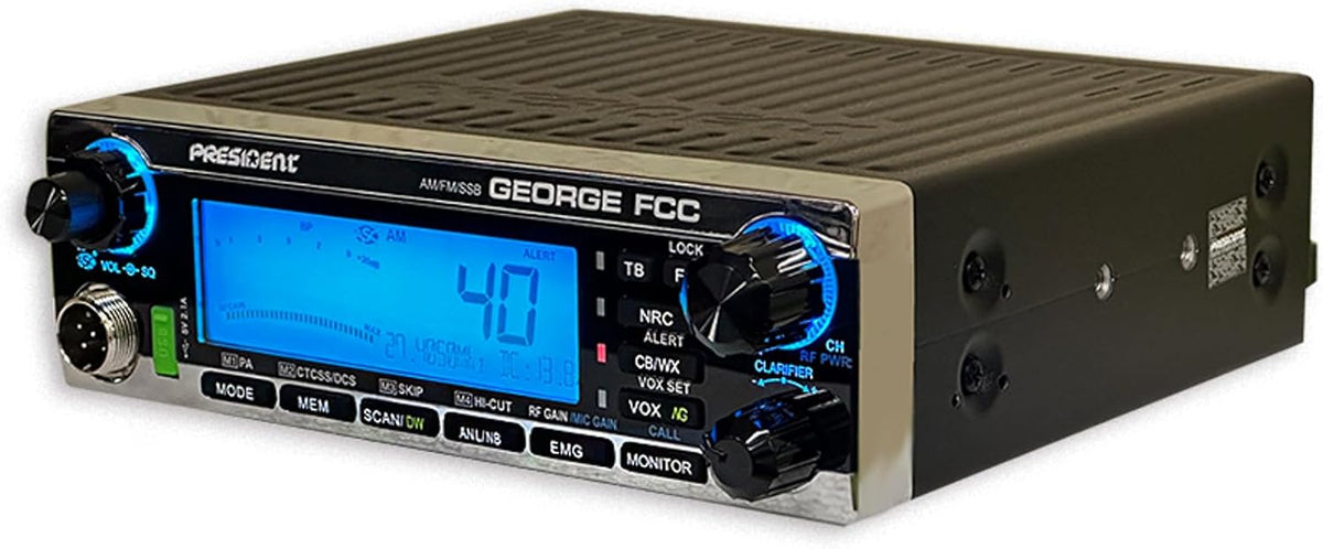 George FCC AM/FM/SSB CB Radio with DIGIMIKE Microphone, CTCSS/DCS, Large 7 Color LCD Display, Weather Channel/Alert, ASC, VOX, Scan Skip, USB Port, NRC, Automatic SWR, PA, with Keychain