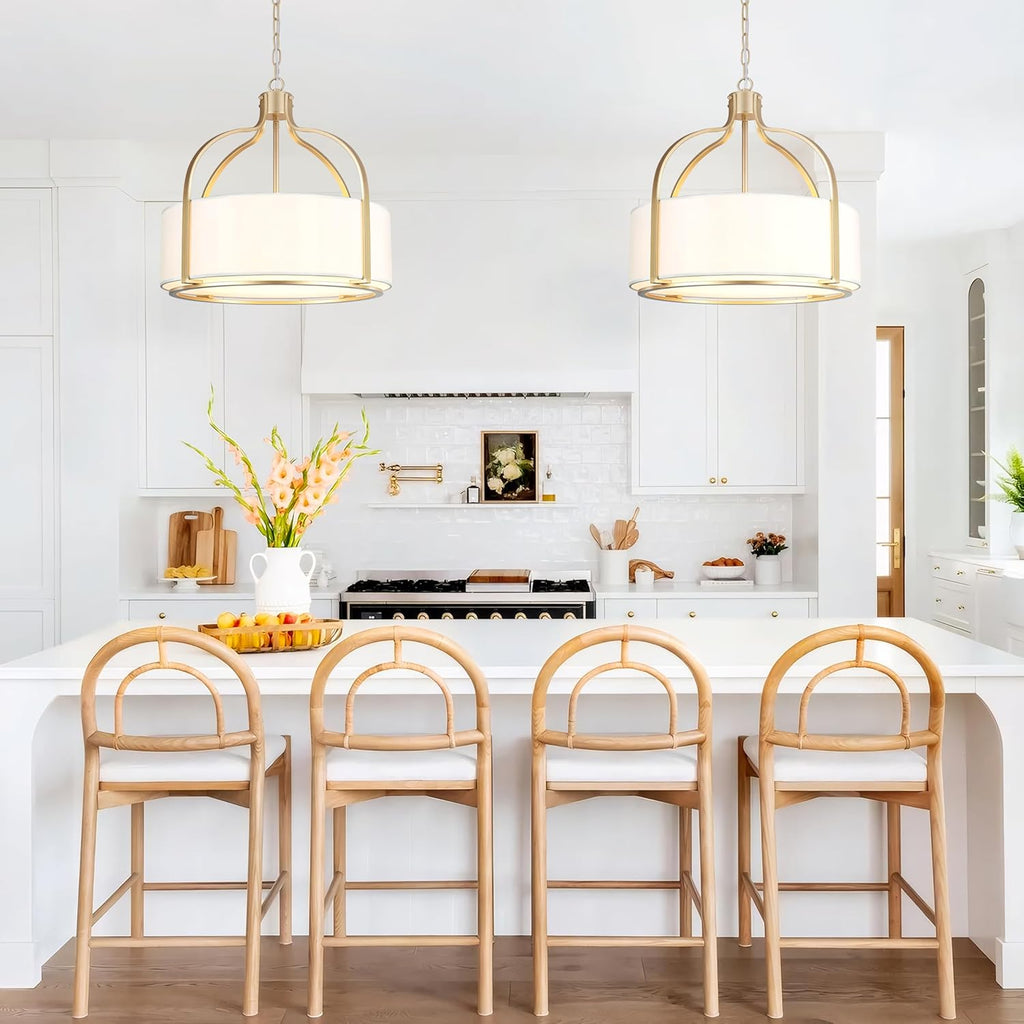 20.5'' Gold Drum Chandelier Light Fixture, 5-Light Large Modern Farmhouse Chandeliers for Dining Room Gold Drum Hanging Pendant Light with White Fabric Shade for Kitchen Living Room Foyer Bedroom