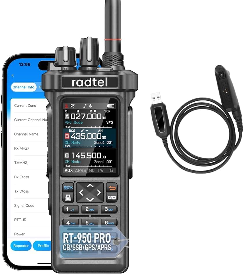 Radtel RT-950 PRO Ham Radio TX GPS/APRS, 10W Walkie Talkie Long Range Handheld Two Way Radio, AM/FM/CB/SW/MW/LW RX, Bluetooth APP Programming, NOAA, Spectrum Analyzer (with Programming Cable)