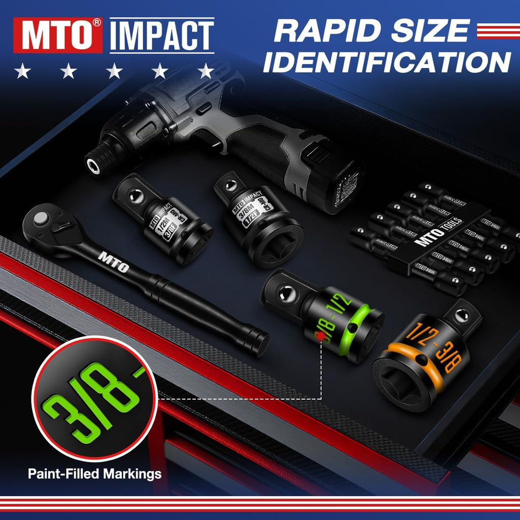 2-Piece Impact Socket Adapter & Reducer Set, 1/2"F to 3/8"M & 3/8"F to 1/2"M, with Paint-Filled Markings, CR-MO Steel for Impact Wrenches