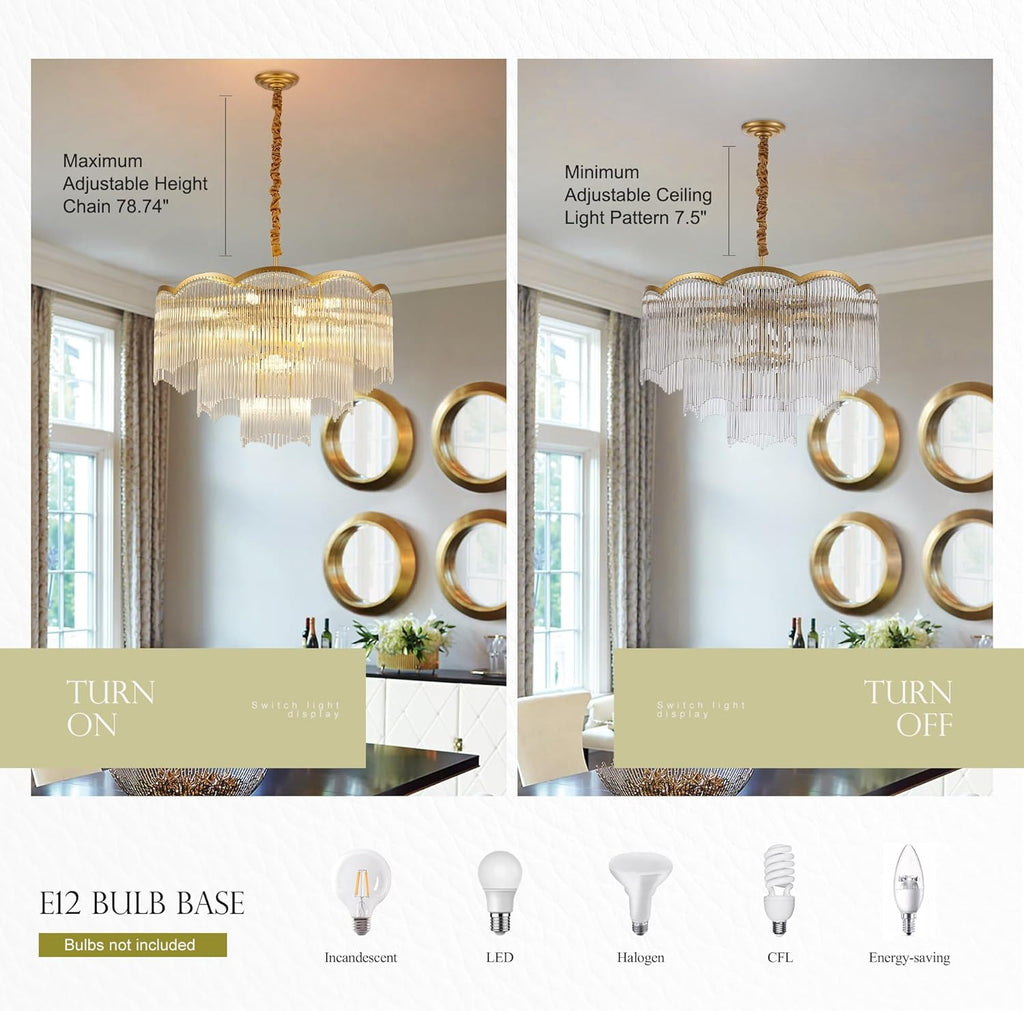 27.75" Gold Clear Glass Crystal Chandelier 14-Light Modern Crystal Pendant Ceiling Light Fixture 4-Tier Luxury Glass Chandeliers,for Dining Room Kitchen Island Living Room Bedroom