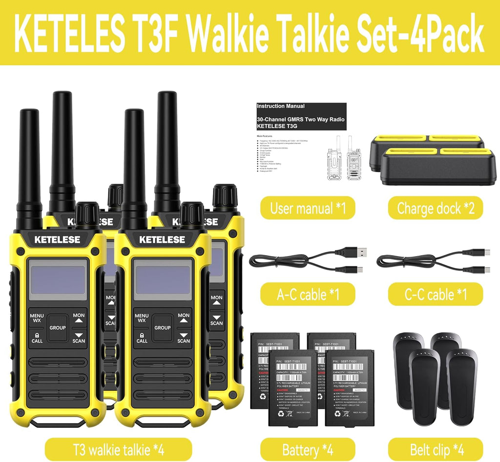 KETELESE T3F IP67 Waterproof Two Way Radios, FRS Walkie Talkie 4 Pack with Earpieces,USB C Charge Dock,Group Talk,Flashlight,VOX,Weather Alert, for Adults, Black/Yellow