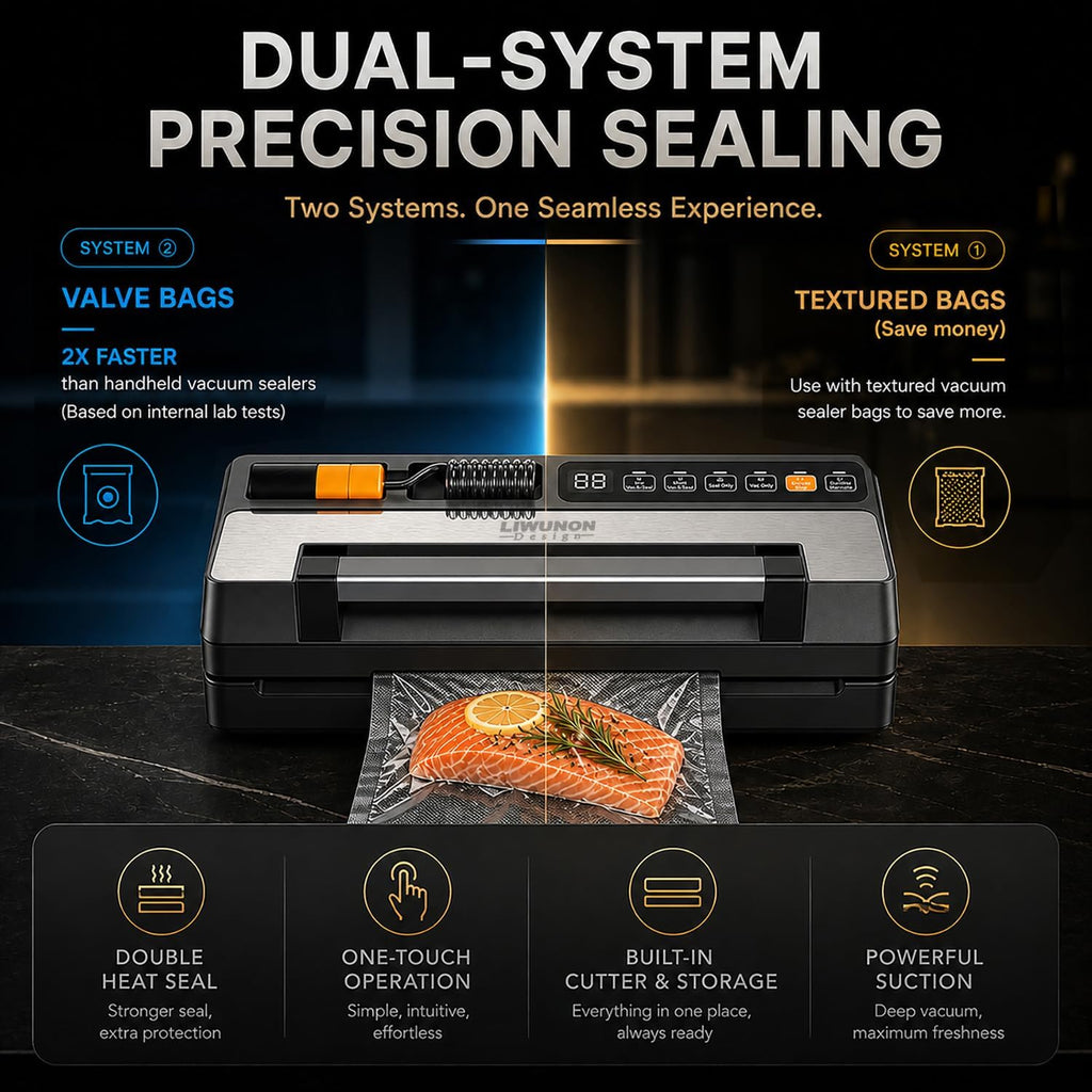 Next-Gen Vacuum Sealer Machine, Food Vacuum Sealer with Powerful Suction Pump, Dual-System for Valve&Textured Bags, Canisters & Marinate, Dual-Heat Seal for Dry&Moist Food, Built-in Cutter&Bag Storage