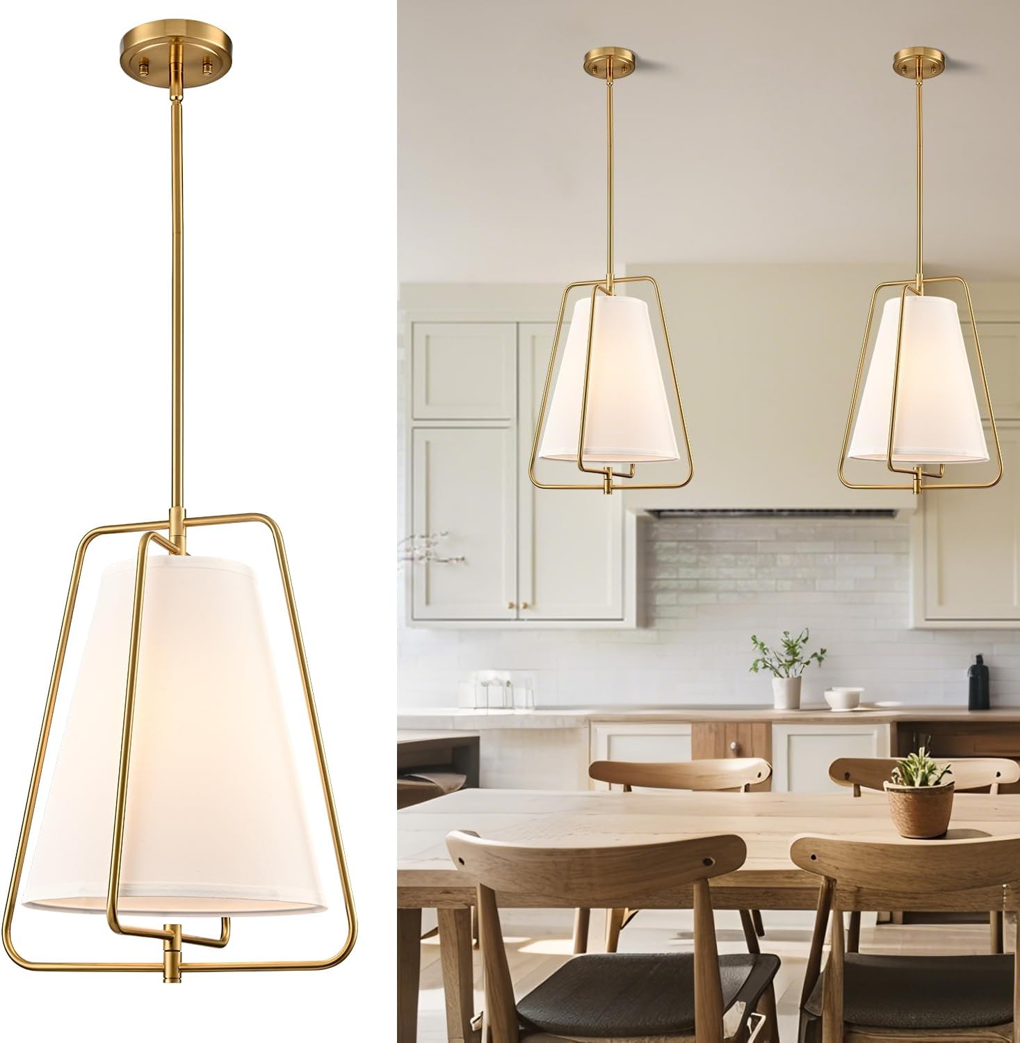 HYDELITE Vintage Gold Pendant Light with White Linen Fabric Adjustable Height Chandelier Brass for Living Room,Dining Room,Kitchen Island,Hallway