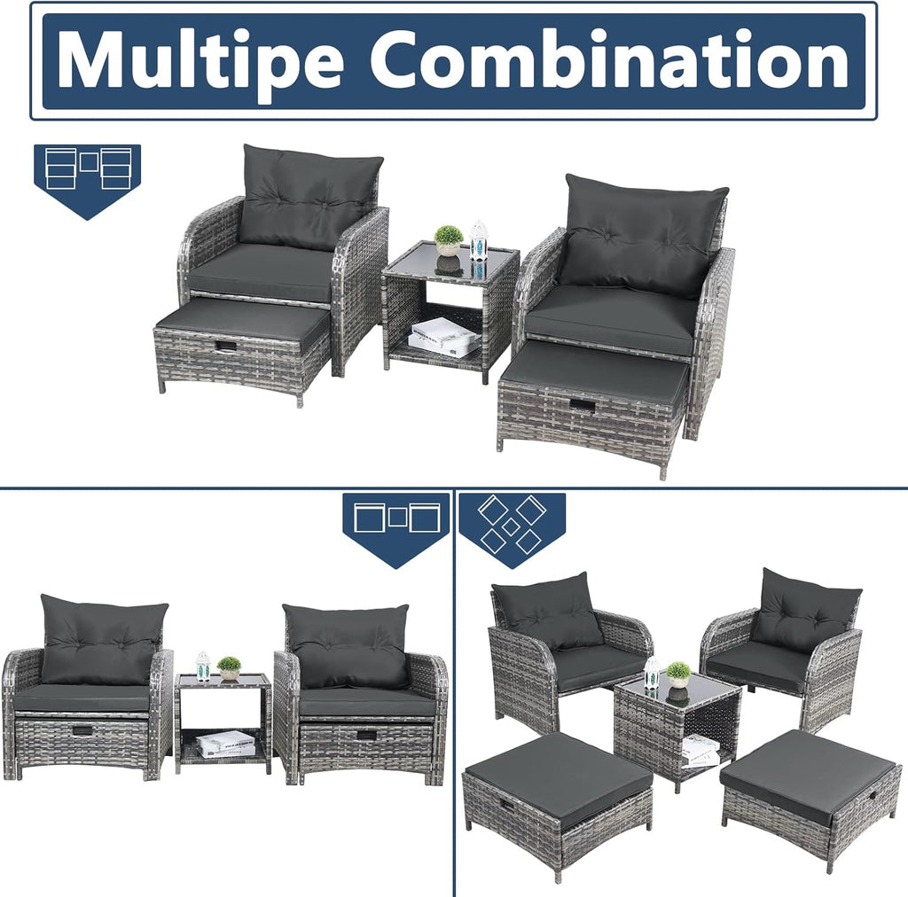 5 Pieces Wicker Outdoor Patio Chairs with Ottomans, All Weather PE Rattan Outdoor Conversation Set Bistro Patio Furniture Set with Hidden Ottoman for Porch Backyard Balcony, Grey
