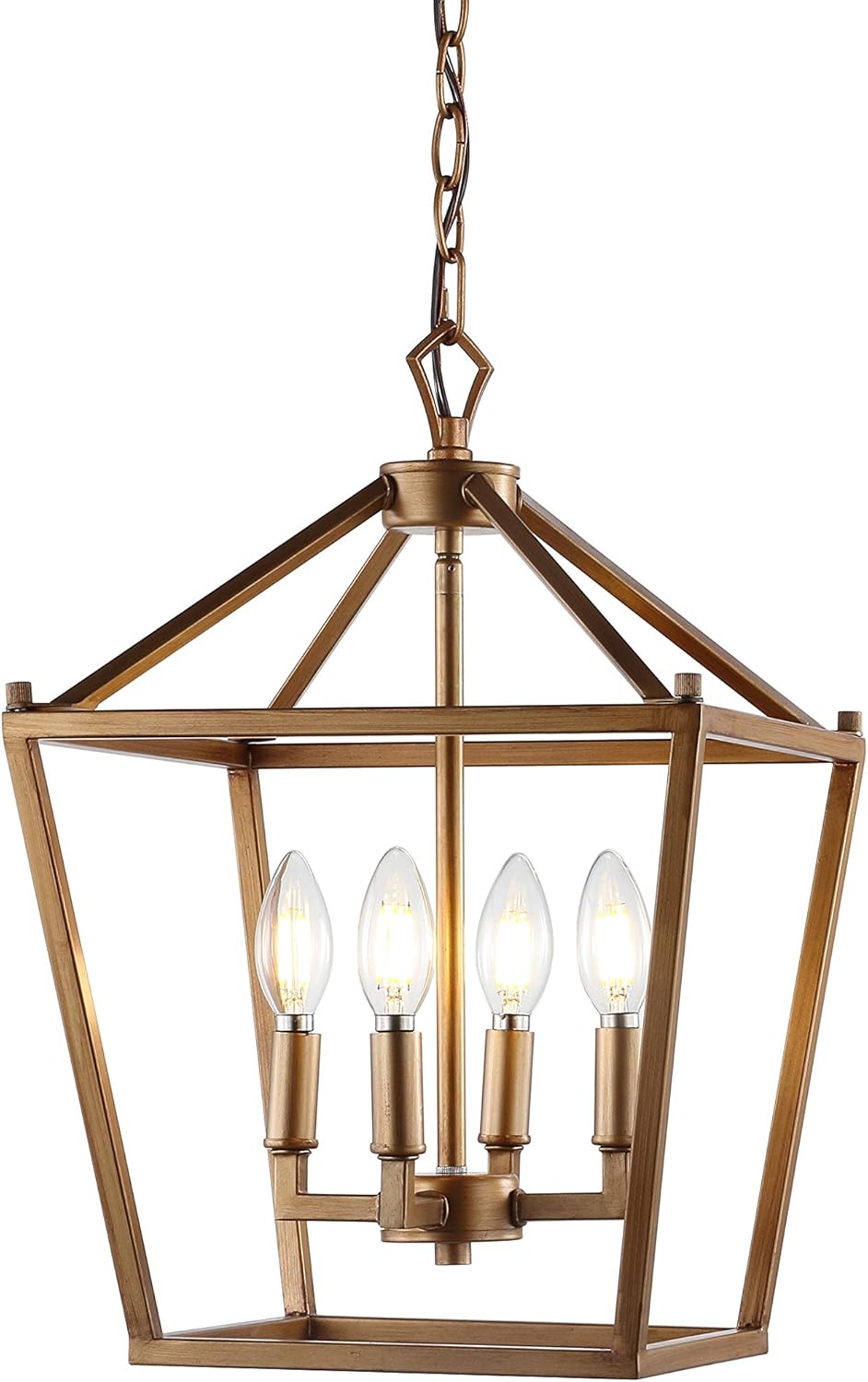 JONATHAN Y 12" Antique Gold Lantern Pendant Light, 4-Light Pagoda Style Metal Cage Farmhouse Hanging Ceiling Fixture for Kitchen Island, LED Bulb Included (JYL7436B)