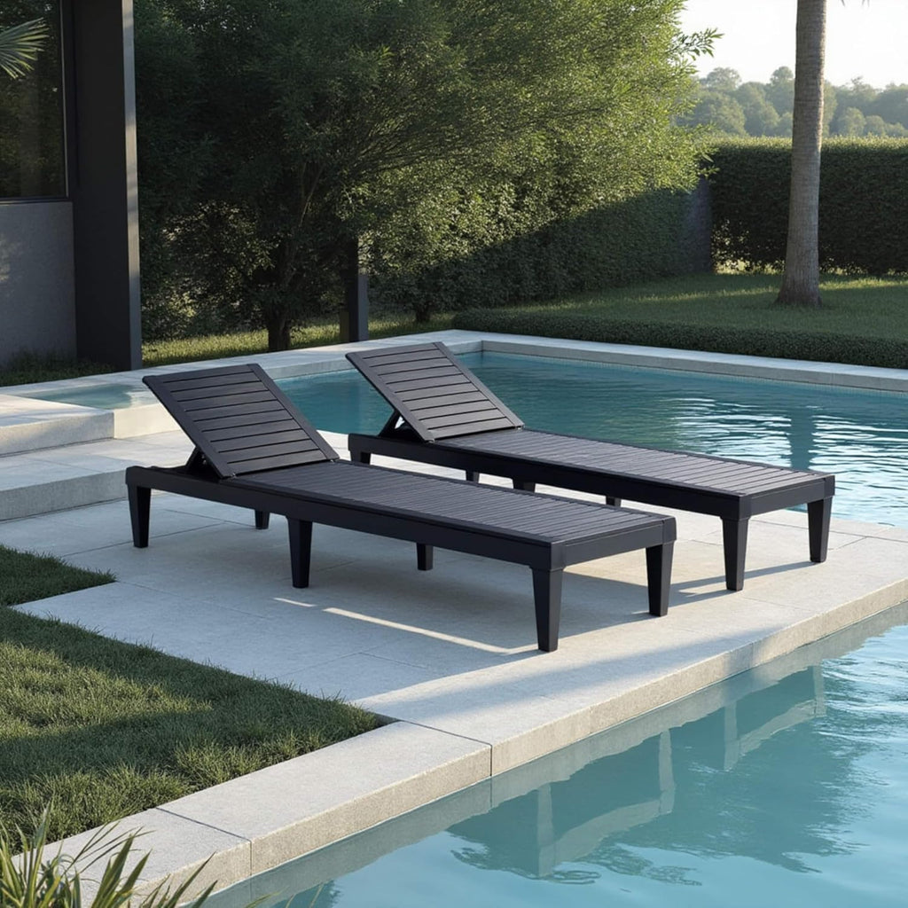 Nestl Patio Chairs - Black Chaise Lounge Chair Outdoor, 5-Position Adjustable Sun Tanning Chair, Waterproof Pool Lounge Chairs Set of 2, Reclining Lawn Chair, Lightweight Outdoor Lounge Chairs