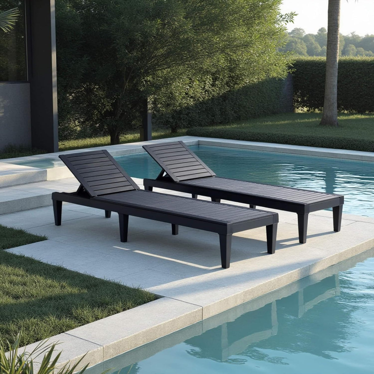 Nestl Patio Chairs - Black Chaise Lounge Chair Outdoor, 5-Position Adjustable Sun Tanning Chair, Waterproof Pool Lounge Chairs Set of 2, Reclining Lawn Chair, Lightweight Outdoor Lounge Chairs