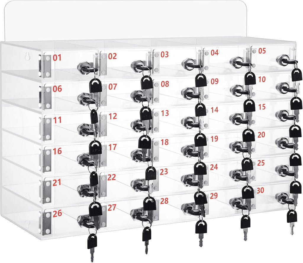 Threan 30 Slot Cell Phone Storage Box, Clear Cell Phone Storage Cabinet Wall Mounted, Including Door Locks and Keys for Office School Factory Classroom Students Staff