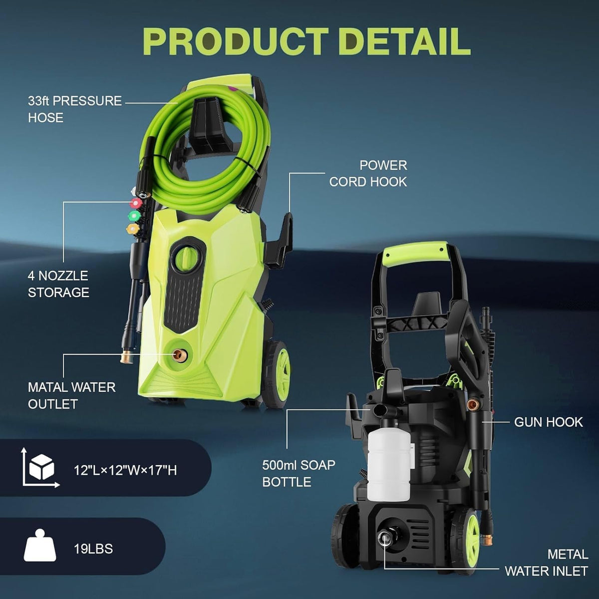 Pressure Cleaner 5000PSI High Power Cleaners with 33ft Pressure Hose, 4 Nozzles and Foam Cannon, for Home, Cars, Fences, Patio (Light Green)