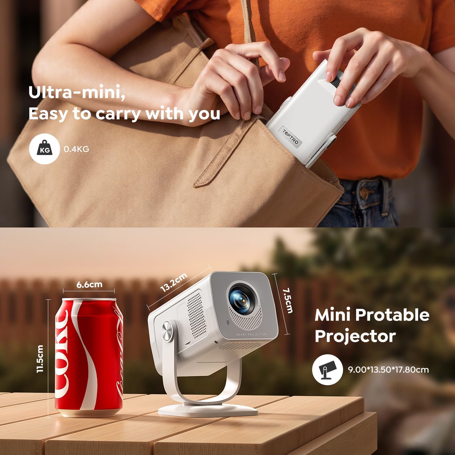 Mini-Projector with WiFi6 and Two-Way Bluetooth5.4, 1080P 4K Support, Built-in Apps & 2026 Android 14 Portable Outdoor Movie Proyector for Bedroom, Auto Keystone & 270° Rotation for Phone/HDMI/USB