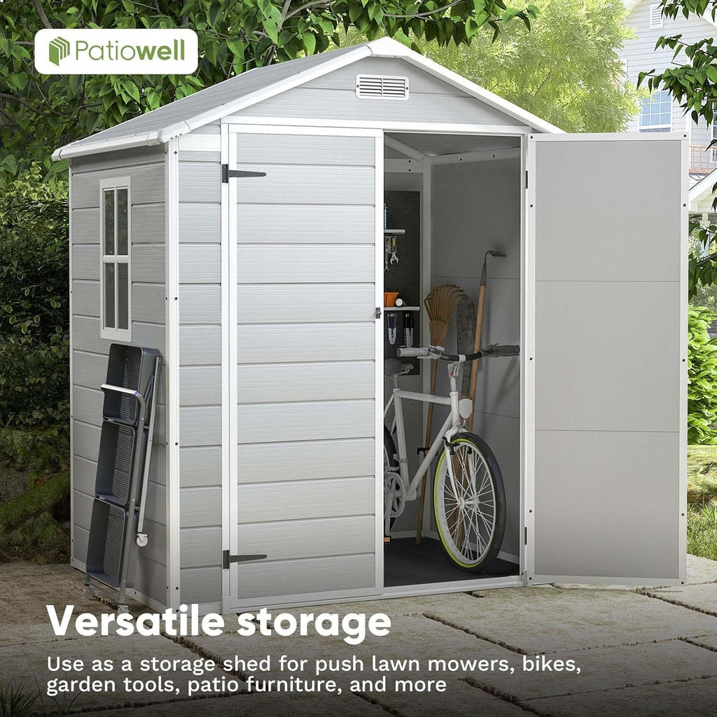 Patiowell 6 x 4 FT Plastic Outdoor Storage Shed with Floor, Resin Outside Sheds with Window, Garden Tool Shed with Lockable Door for Patio Storage, Backyard, Light Gray